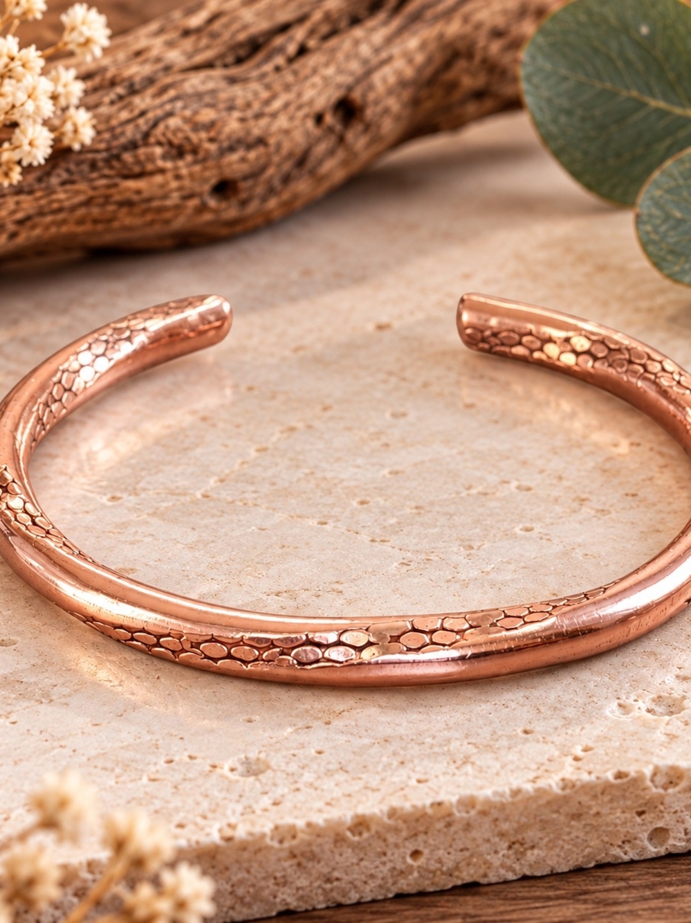 Handmade Pure Copper Cuff Bracelet Textured Polished Adjustable Open Bangle 8.2"